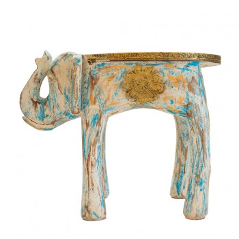 Distressed White Wooden Elephant Embossed Brass Art 