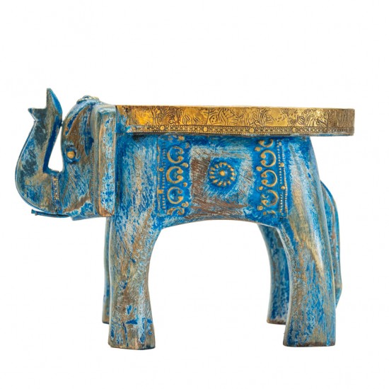 Distressed Blue Wooden Elephant Embossed Brass Art