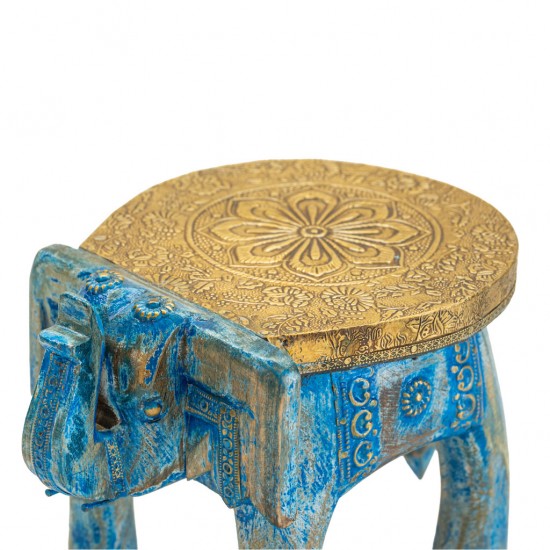 Distressed Blue Wooden Elephant Embossed Brass Art