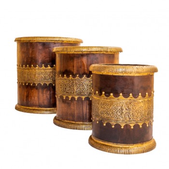 Wooden Planter With Brass Art - Set of 3