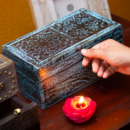 distressed blue wooden jewellery box Indune
