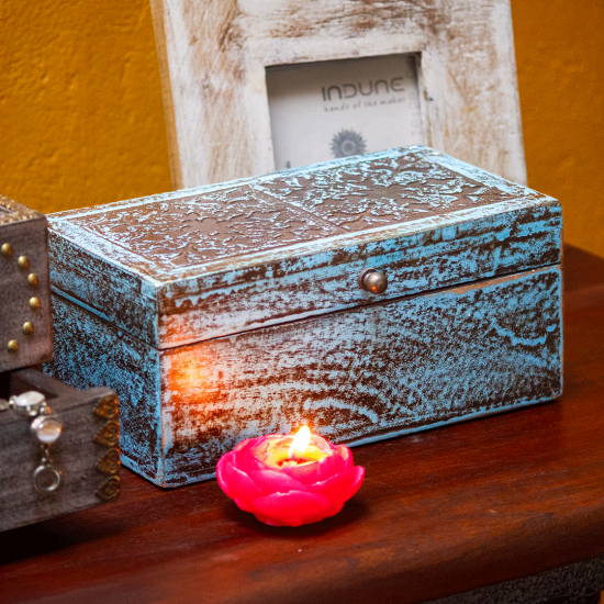 distressed blue wooden jewellery box Indune