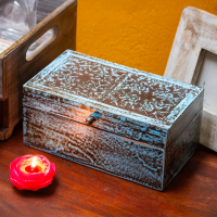distressed blue wooden jewellery box Indune