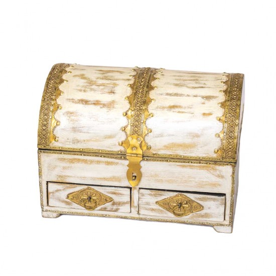 Distressed White Wooden Chest and Organizer with Embossed Brass ArtWork