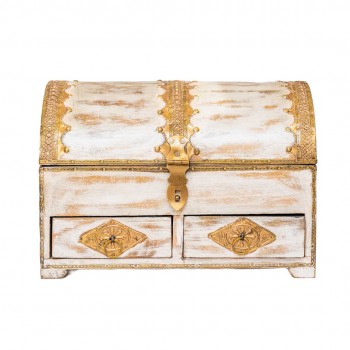 Distressed White Wooden Chest and Organizer with Embossed Brass ArtWork