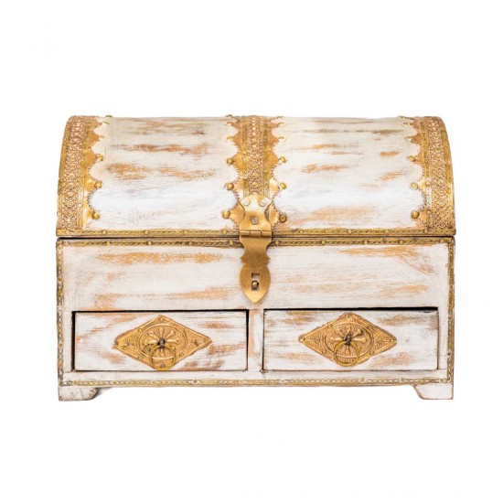 Distressed White Wooden Chest and Organizer with Embossed Brass ArtWork