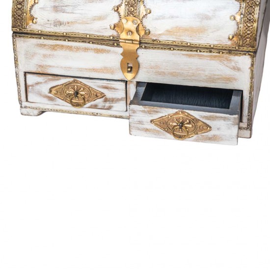 Distressed White Wooden Chest and Organizer with Embossed Brass ArtWork