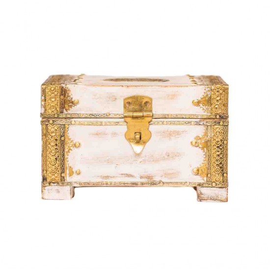 Distressed White Wooden Mini Chest with Embossed Brass ArtWork