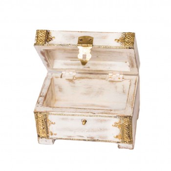 Distressed White Wooden Mini Chest with Embossed Brass ArtWork