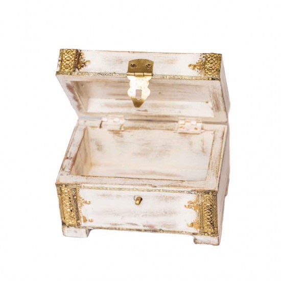 Distressed White Wooden Mini Chest with Embossed Brass ArtWork