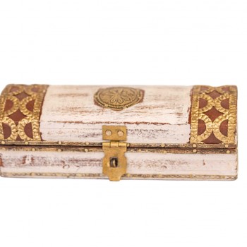 Distressed White Wooden Trinket Box with Embossed Brass ArtWork