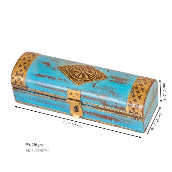 Distressed Blue Wooden Trinket Box with Embossed Brass ArtWork