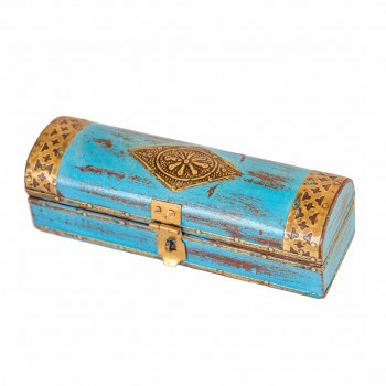 Distressed Blue Wooden Trinket Box with Embossed Brass ArtWork