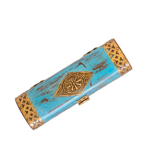 Distressed Blue Wooden Trinket Box with Embossed Brass ArtWork