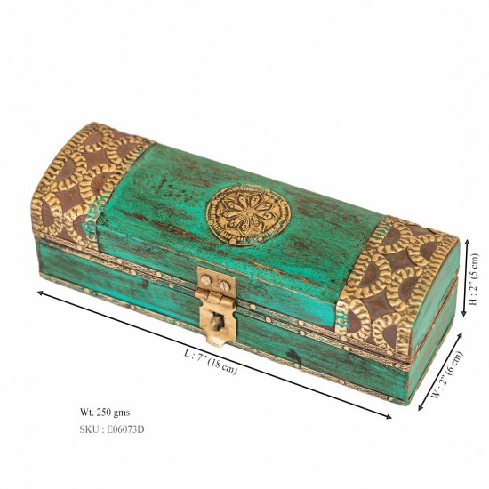 Distressed Green Wooden Trinket Box with Embossed Brass ArtWork Distressed Green Wooden Trinket Box with Embossed Brass ArtWork