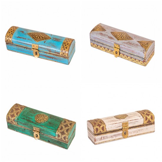 Distressed Green Wooden Trinket Box with Embossed Brass ArtWork