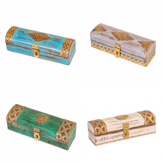 Distressed Grey Wooden Trinket Box with Embossed Brass ArtWork