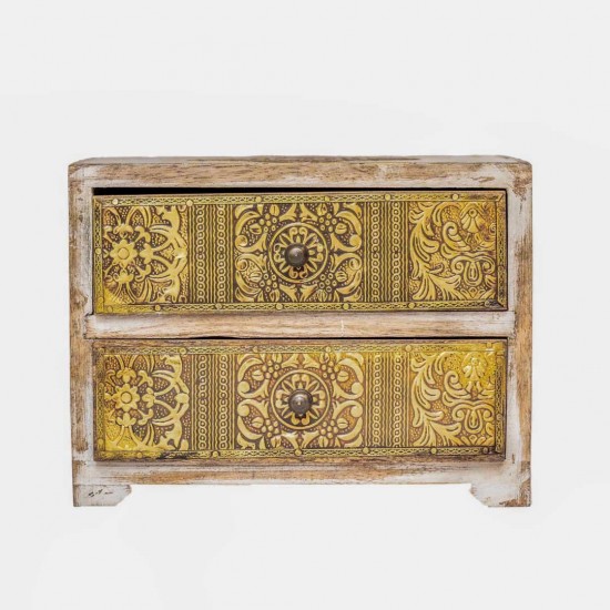 Distressed White Drawers with Embossed Brass Art
