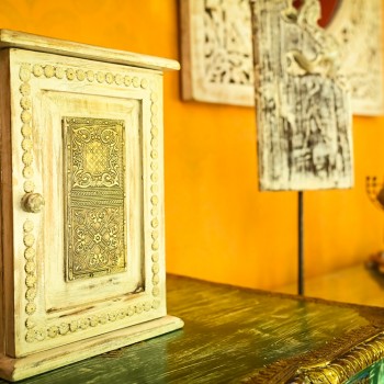 Distressed White Wooden Window Shaped Key Holder With Embossed Brass Work