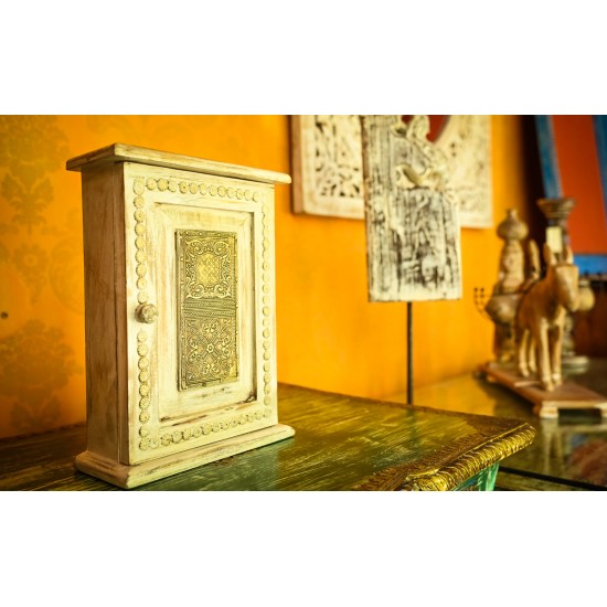 Distressed White Wooden Window Shaped Key Holder With Embossed Brass Work