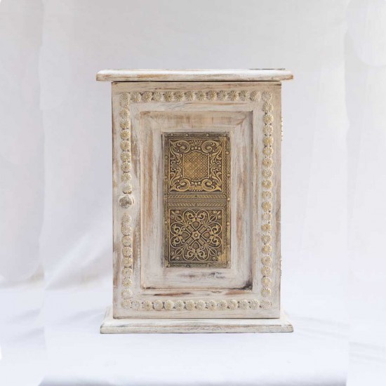 Distressed White Wooden Window Shaped Key Holder With Embossed Brass Work