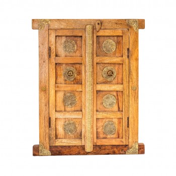 Light Wooden Khidki with Brass Handles - Wall Decor