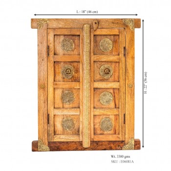 Light Wooden Khidki with Brass Handles - Wall Decor