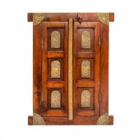 Dark Wooden Polished Khidki with Brass Handles - Wall Decor