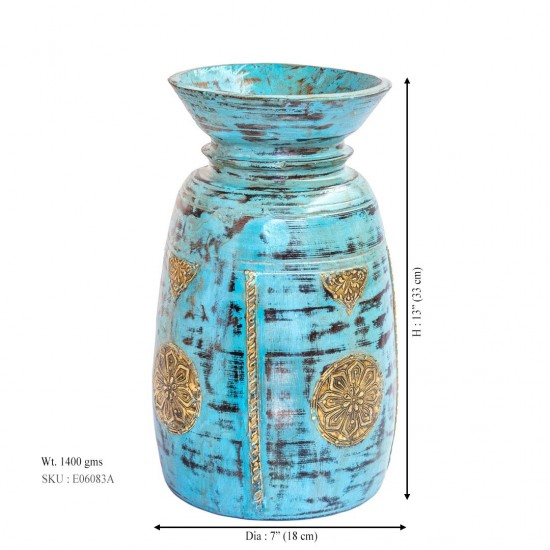 Blue Distressed Wodden Matka with Embossed Brass Work