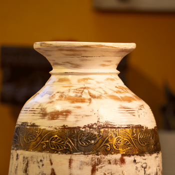 White distressed wooden matka with embossed brass work – rustic wooden pot front view