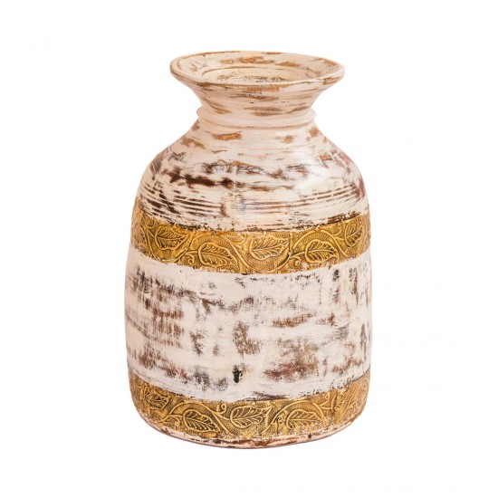 White Distressed Wodden Matka with Embossed Brass Work 