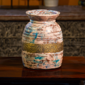 Colourful distressed wooden matka with embossed brass work – rustic wooden décor pot front view