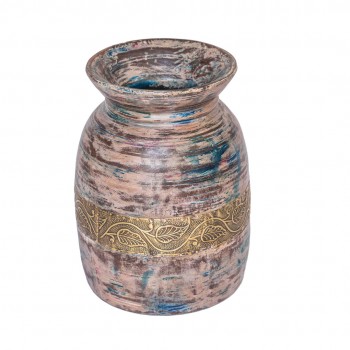 Colourful Distressed Wodden Matka with Embossed Brass Work Dia 7.5 x 10 inches