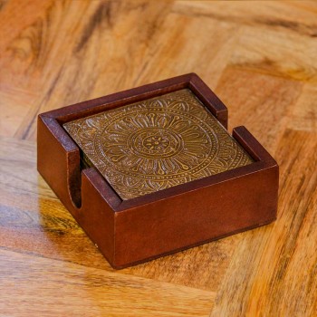 Brass work wooden coaster set traditional Indian home decor