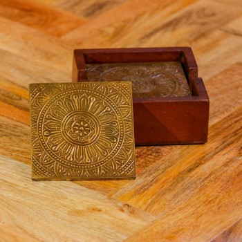 Brass work wooden coaster set traditional Indian home decor