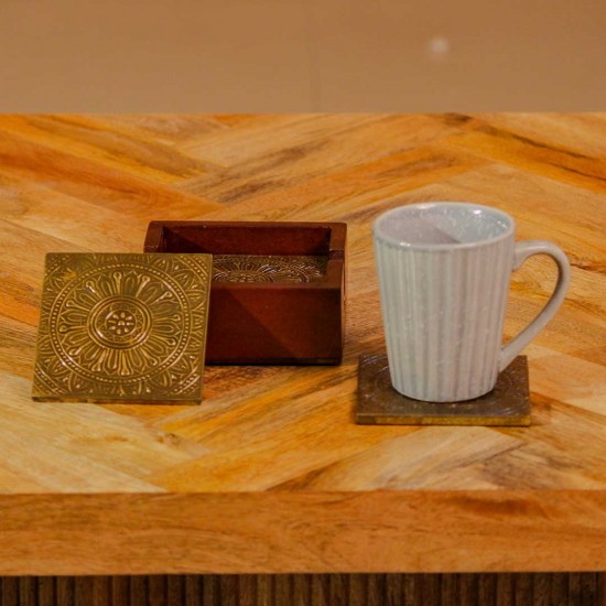 Brass work wooden coaster set traditional Indian home decor