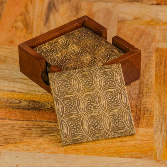 Handcrafted brass coaster set wooden holder traditional Indian table decor