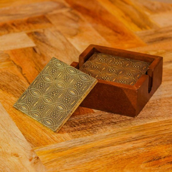 Handcrafted brass coaster set wooden holder traditional Indian table decor