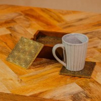 Handcrafted brass coaster set wooden holder traditional Indian table decor