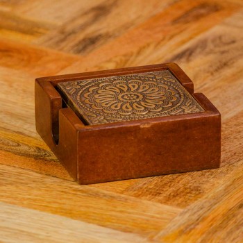 Handcrafted brass coaster set wooden holder traditional Indian table decor
