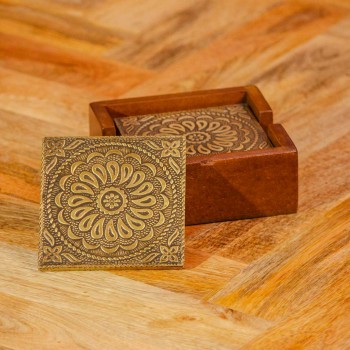 Handcrafted brass coaster set wooden holder traditional Indian table decor