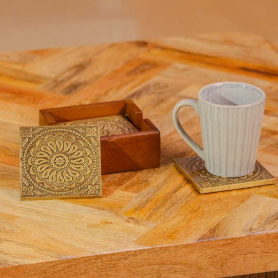 Handcrafted brass coaster set wooden holder traditional Indian table decor