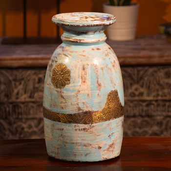 13 inch wooden vintage pot with brass work – rustic decorative planter front view