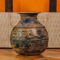 Handcrafted distressed wooden pot brass accent rustic Indian home decor