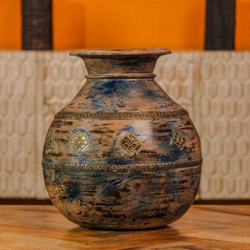 Handcrafted distressed wooden pot brass accent rustic Indian home decor