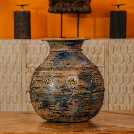 Handcrafted distressed wooden pot brass accent rustic Indian home decor
