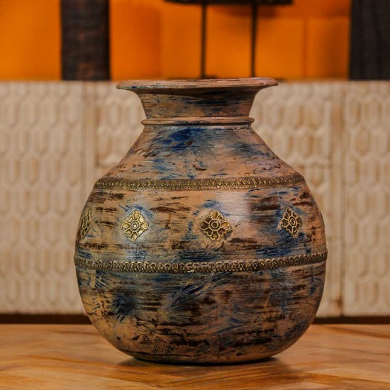 Handcrafted distressed wooden pot brass accent rustic Indian home decor