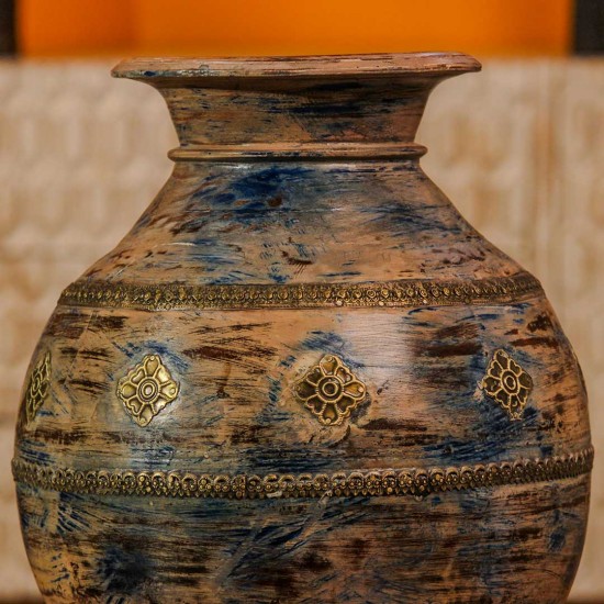 Handcrafted distressed wooden pot brass accent rustic Indian home decor