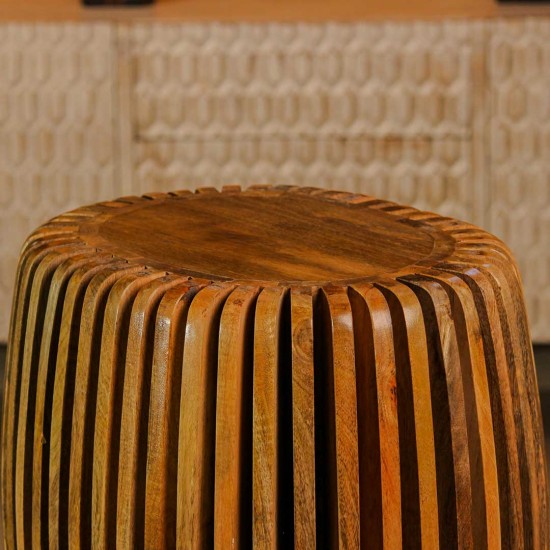 Handcrafted spiral slatted wooden stool with natural wood finish used as side table or accent stool