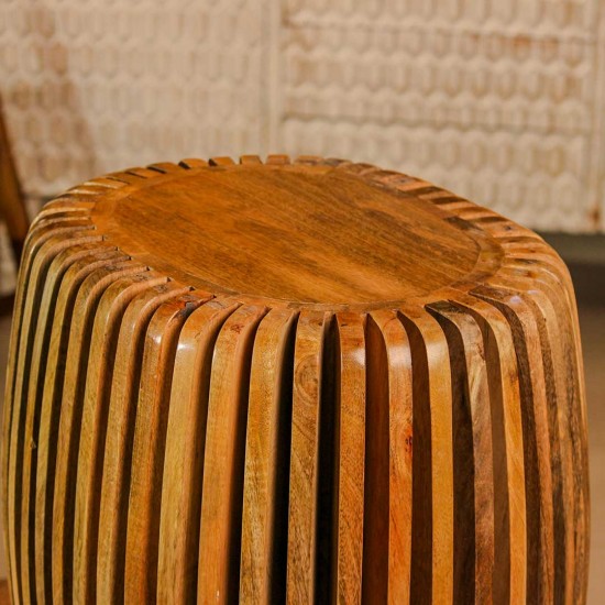 Handcrafted spiral slatted wooden stool with natural wood finish used as side table or accent stool